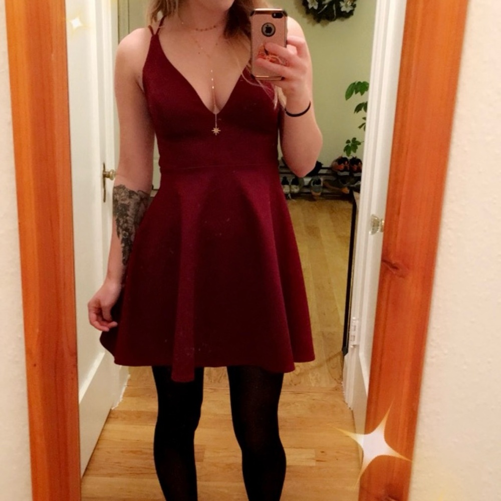 Lulu's Burgundy V-Neck Fit and Flare Mini Dress